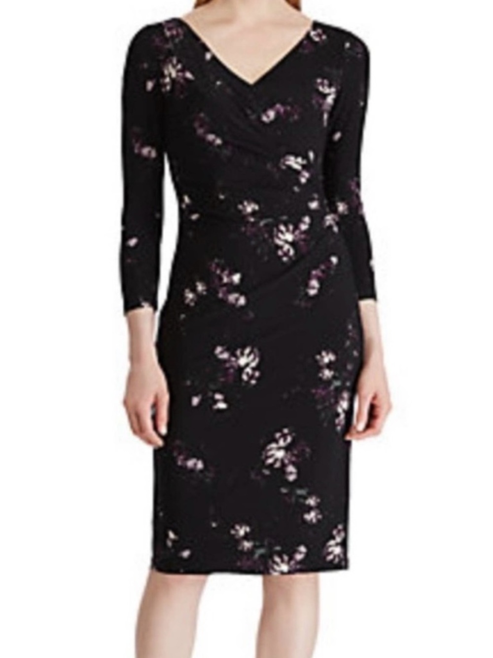 Lauren Ralph Lauren Black Floral Surplice Ruched Jersey Dress • 6 • 3/4 Sleeve - Picture 2 of 12